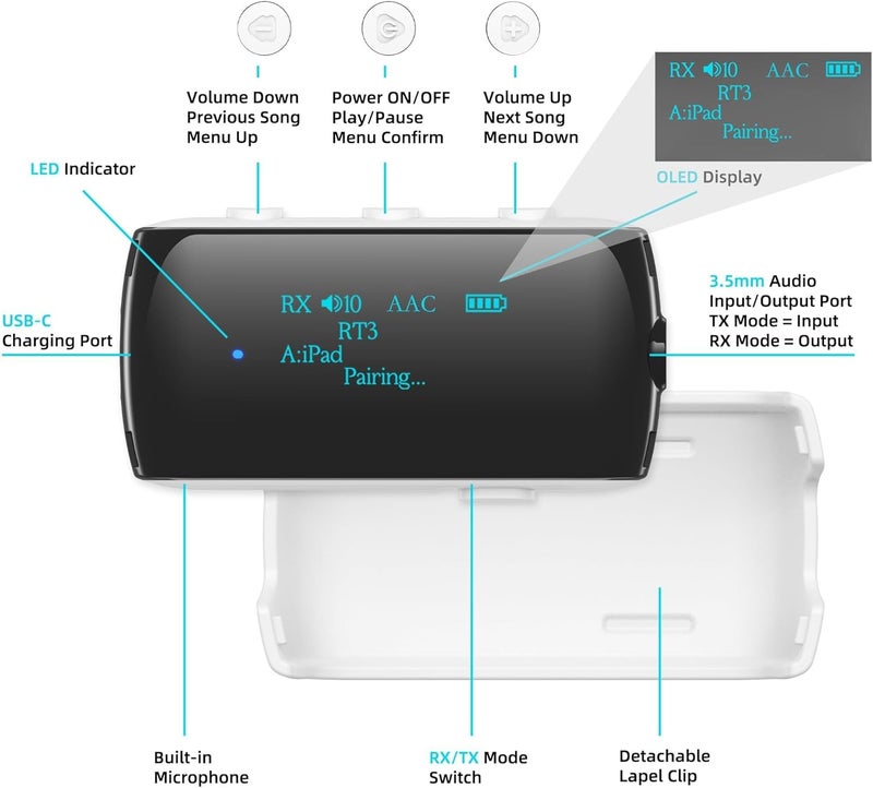 YOCOWOCO Bluetooth Transmitter Receiver for 2 AirPods/Headphones, Flight Bluetooth 5.2 Adapter for Airplane, TV, and Gym with a 3.5mm Audio Jack, Wireless BT Receiver with Mic for Car/Home Stereo - Image 3